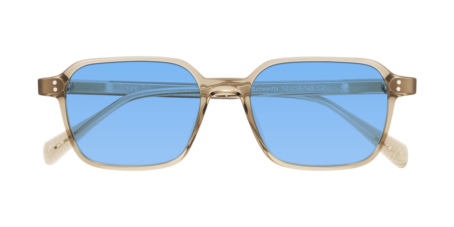Folded Front of Schwedts in Champagne with Medium Blue Tinted Lenses