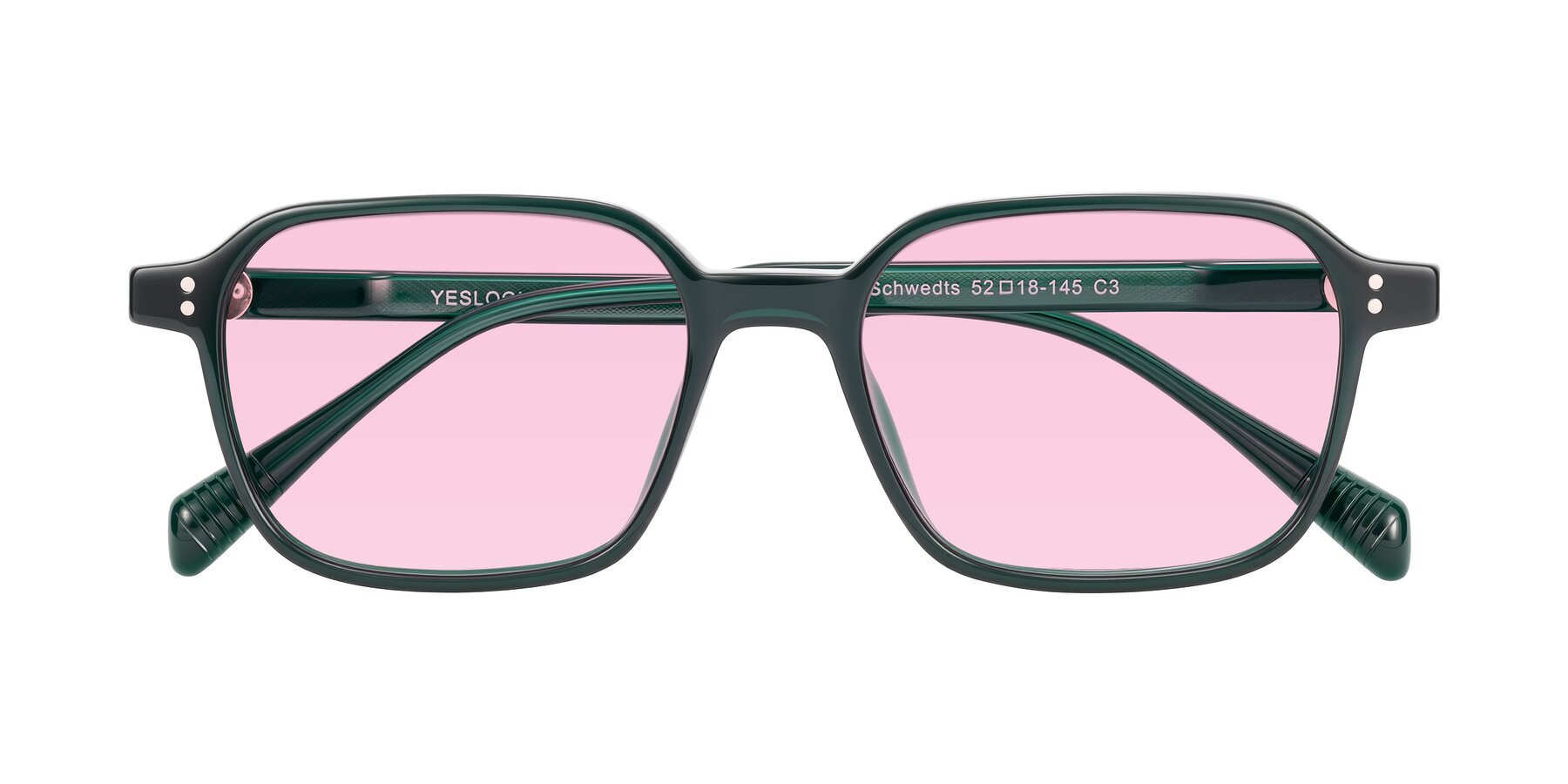 Folded Front of Schwedts in Emerald with Light Pink Tinted Lenses
