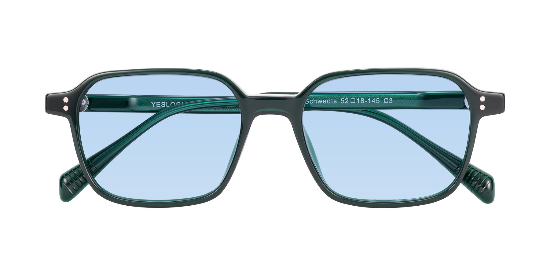 Folded Front of Schwedts in Emerald with Light Blue Tinted Lenses