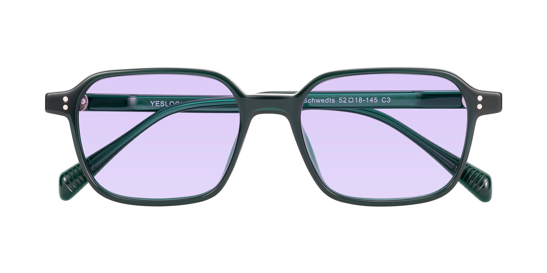 Folded Front of Schwedts in Emerald with Light Purple Tinted Lenses