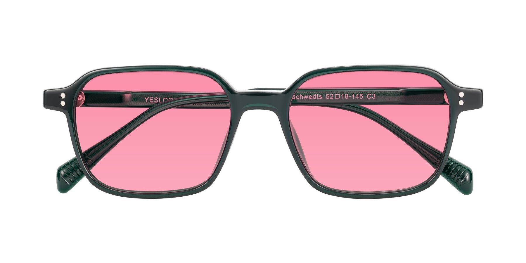 Folded Front of Schwedts in Emerald with Pink Tinted Lenses