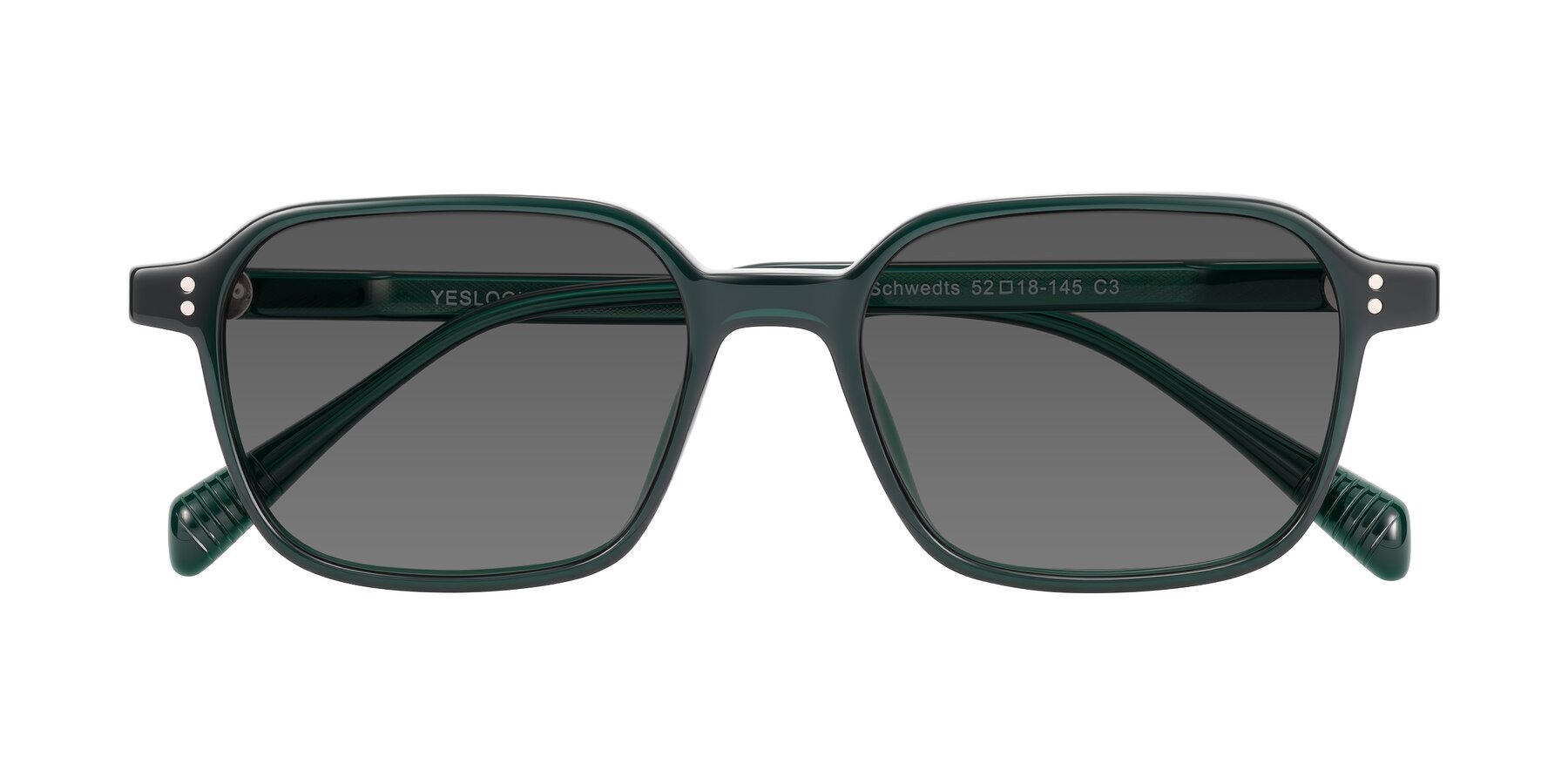 Folded Front of Schwedts in Emerald with Medium Gray Tinted Lenses