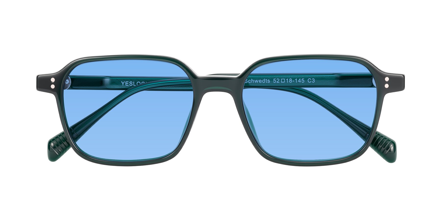 Folded Front of Schwedts in Emerald with Medium Blue Tinted Lenses