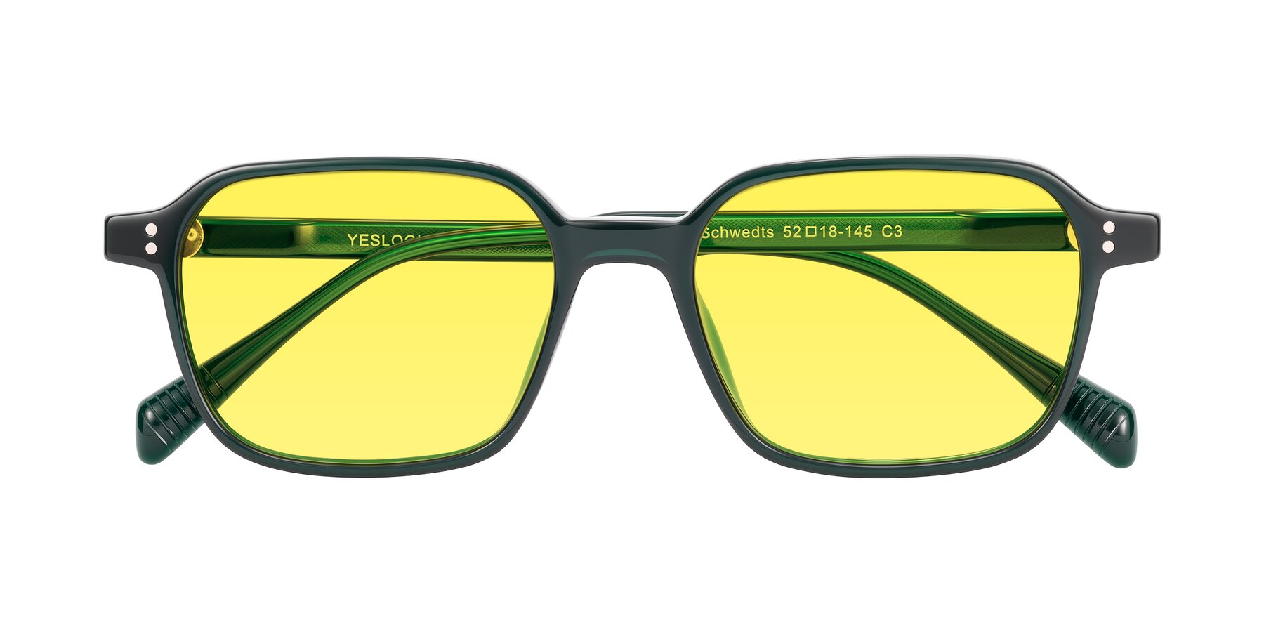 Folded Front of Schwedts in Emerald with Medium Yellow Tinted Lenses