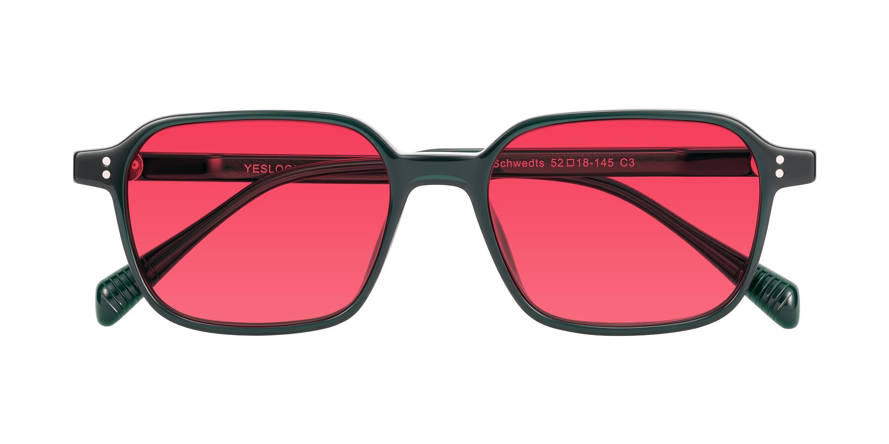 Folded Front of Schwedts in Emerald with Red Tinted Lenses