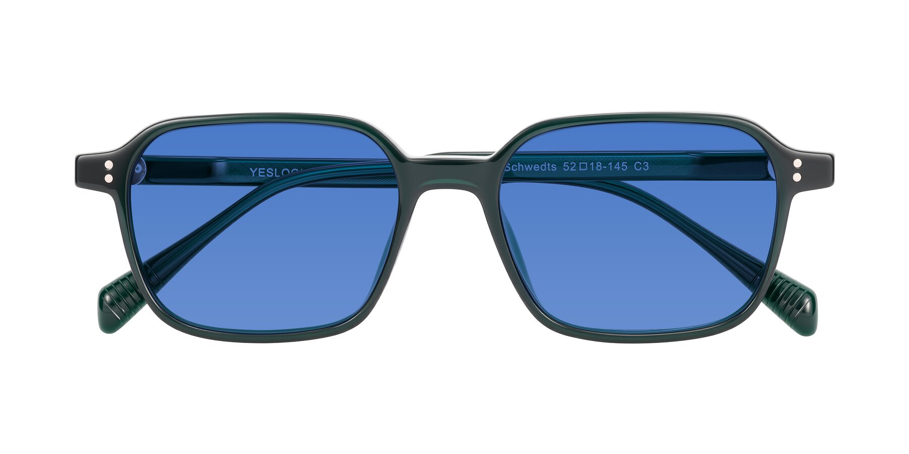 Folded Front of Schwedts in Emerald with Blue Tinted Lenses