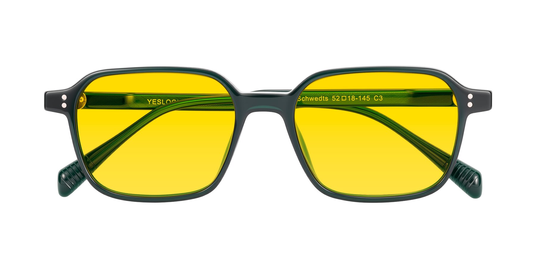Folded Front of Schwedts in Emerald with Yellow Tinted Lenses