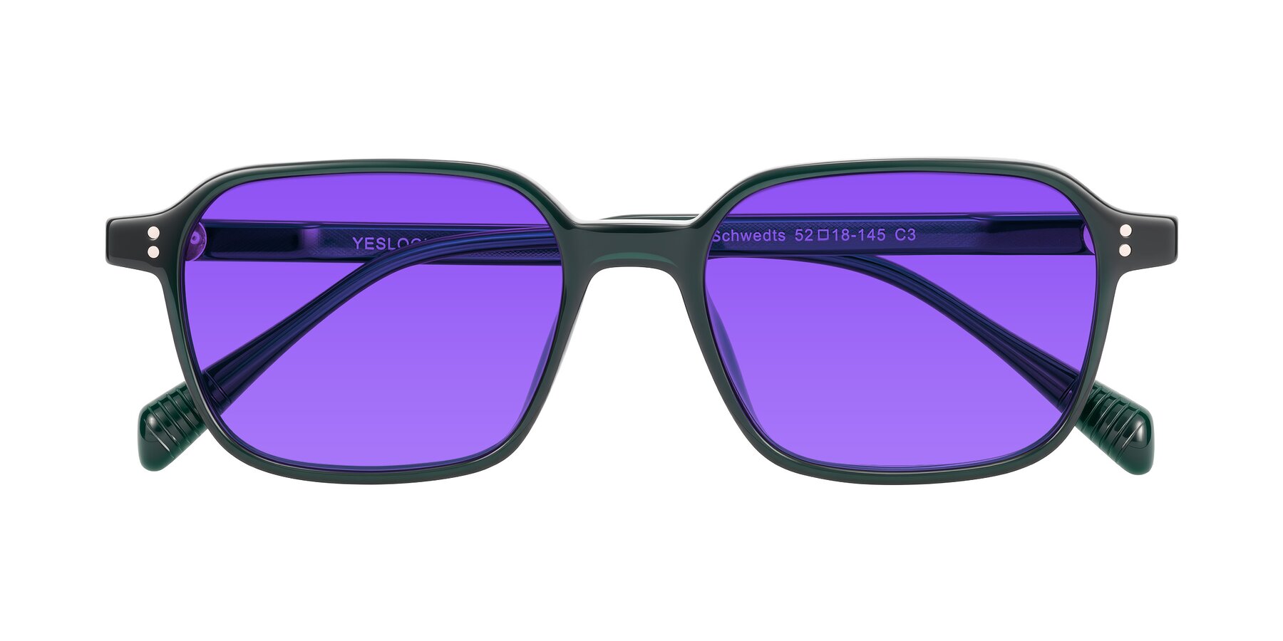 Folded Front of Schwedts in Emerald with Purple Tinted Lenses