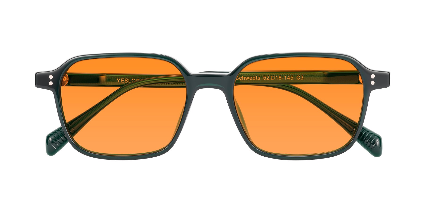 Folded Front of Schwedts in Emerald with Orange Tinted Lenses
