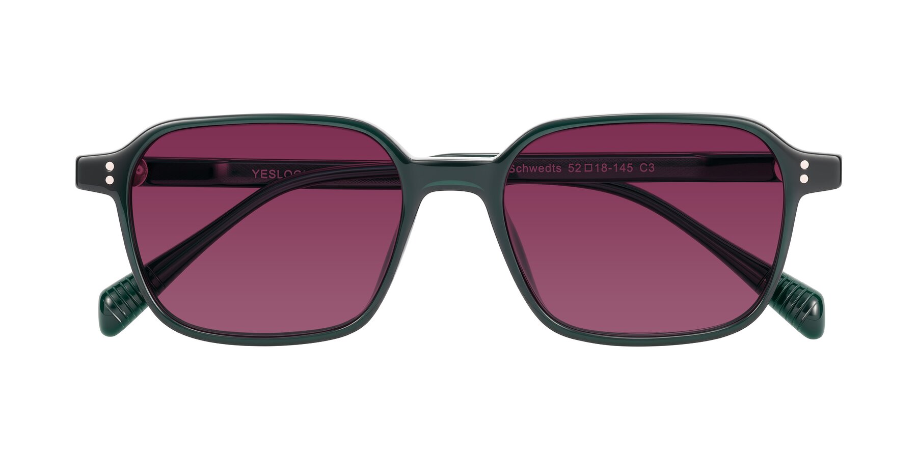 Folded Front of Schwedts in Emerald with Wine Tinted Lenses