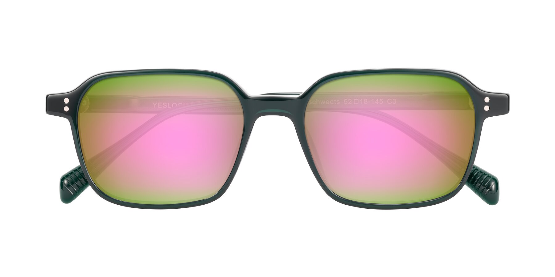 Folded Front of Schwedts in Emerald with Pink Mirrored Lenses