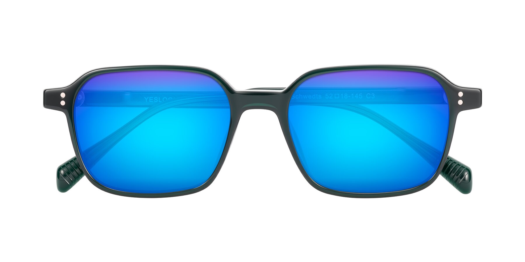 Folded Front of Schwedts in Emerald with Blue Mirrored Lenses