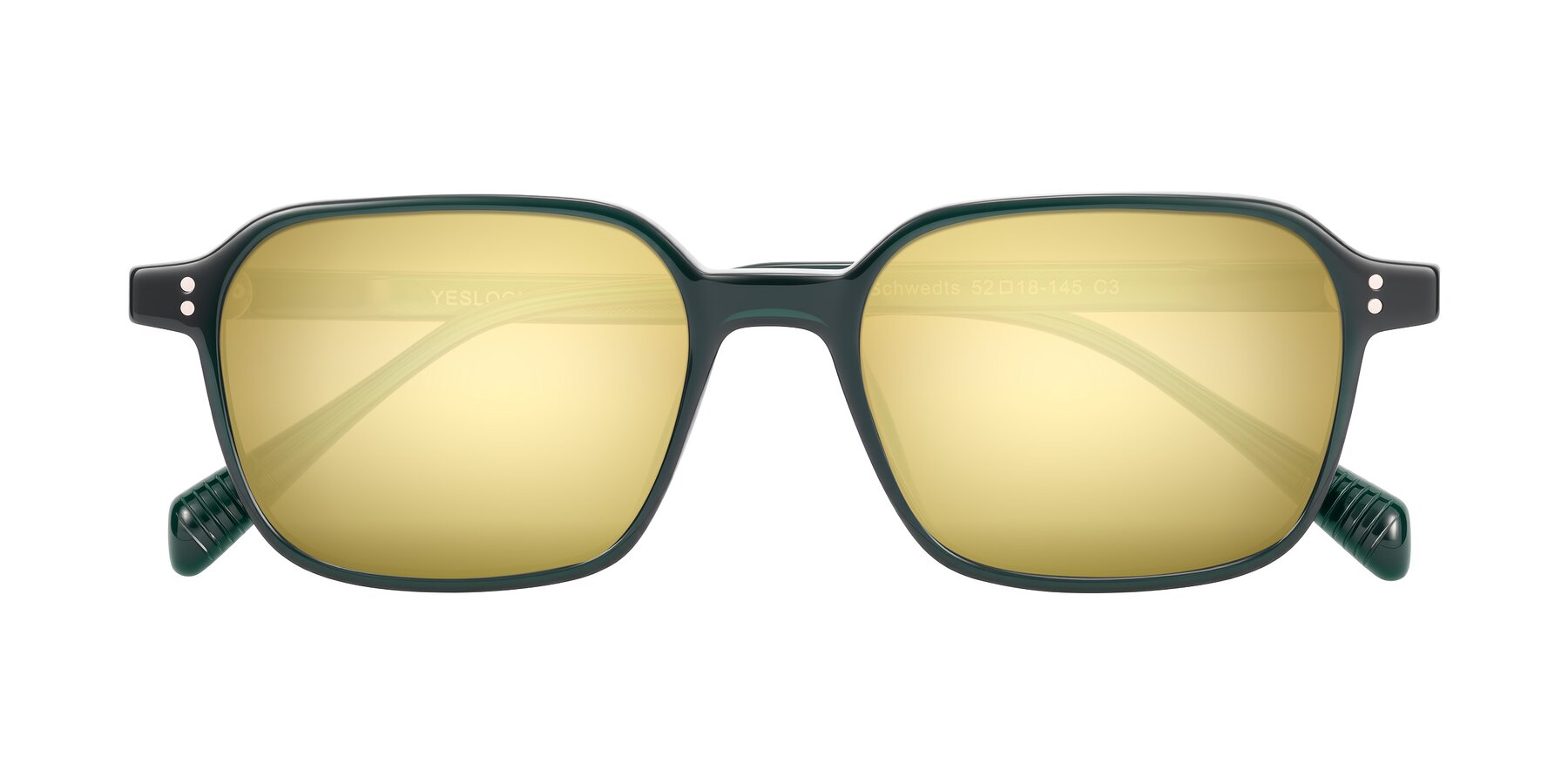 Folded Front of Schwedts in Emerald with Gold Mirrored Lenses