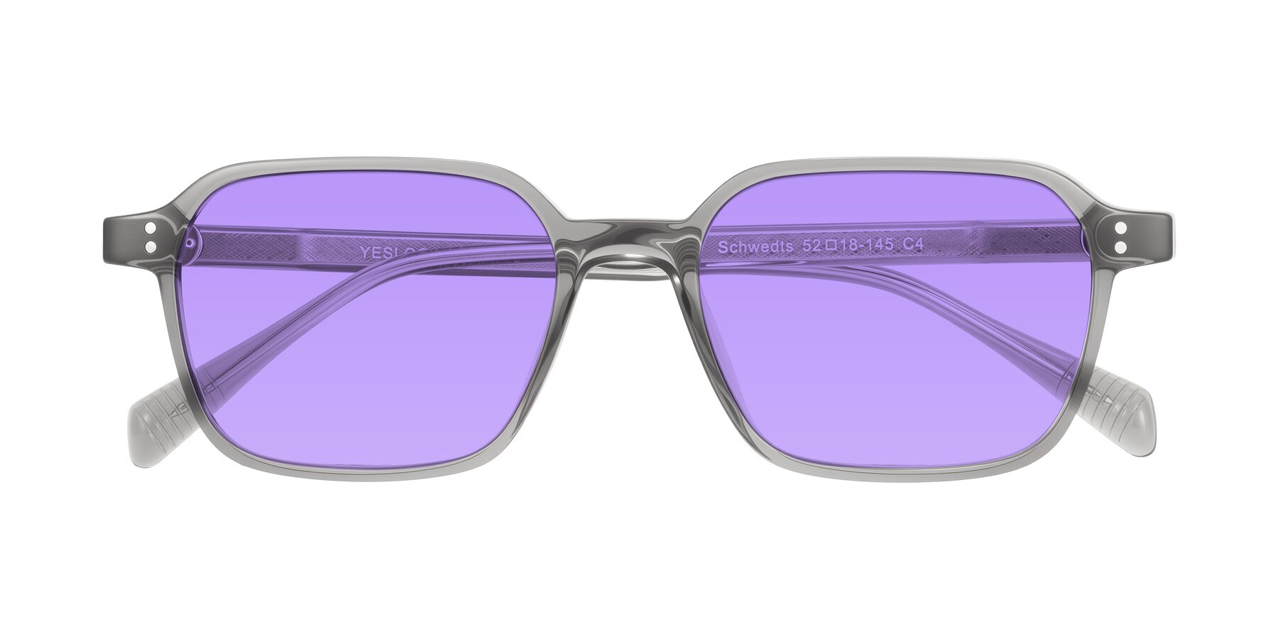 Folded Front of Schwedts in Gray with Medium Purple Tinted Lenses