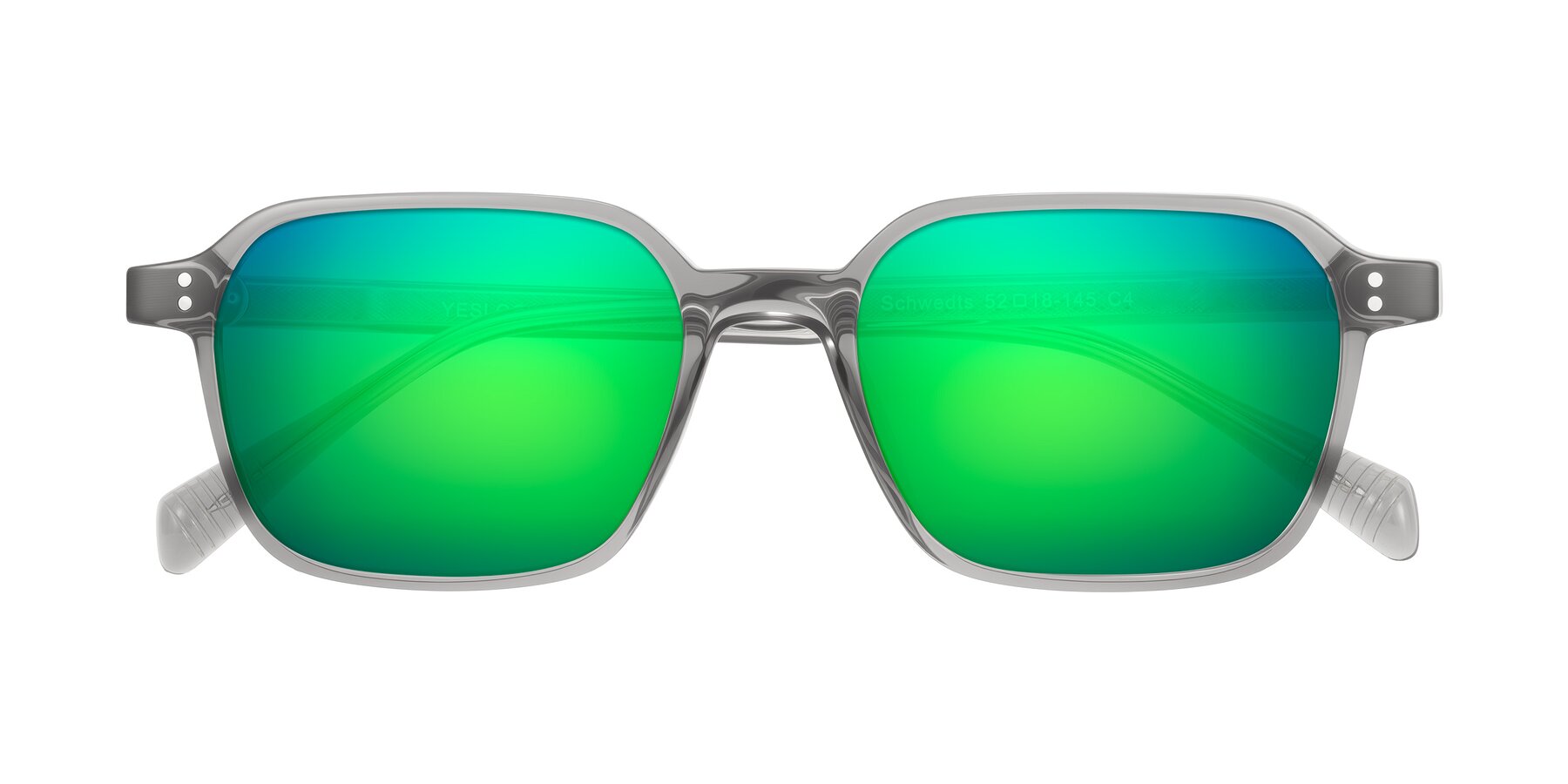 Folded Front of Schwedts in Gray with Green Mirrored Lenses