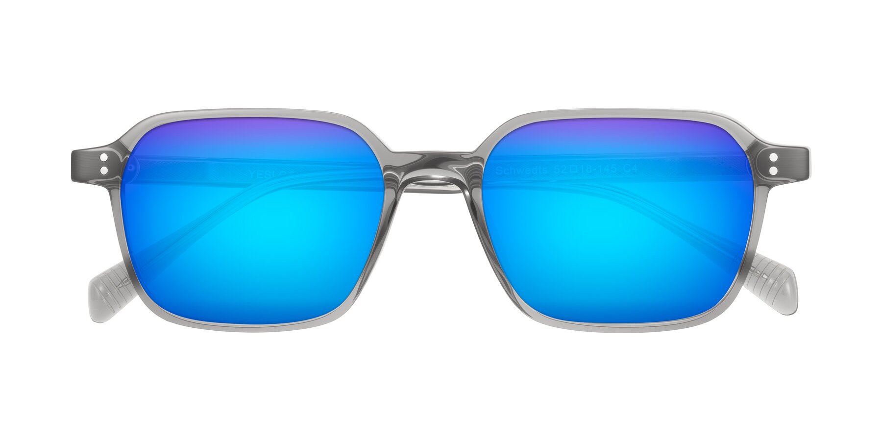 Folded Front of Schwedts in Gray with Blue Mirrored Lenses