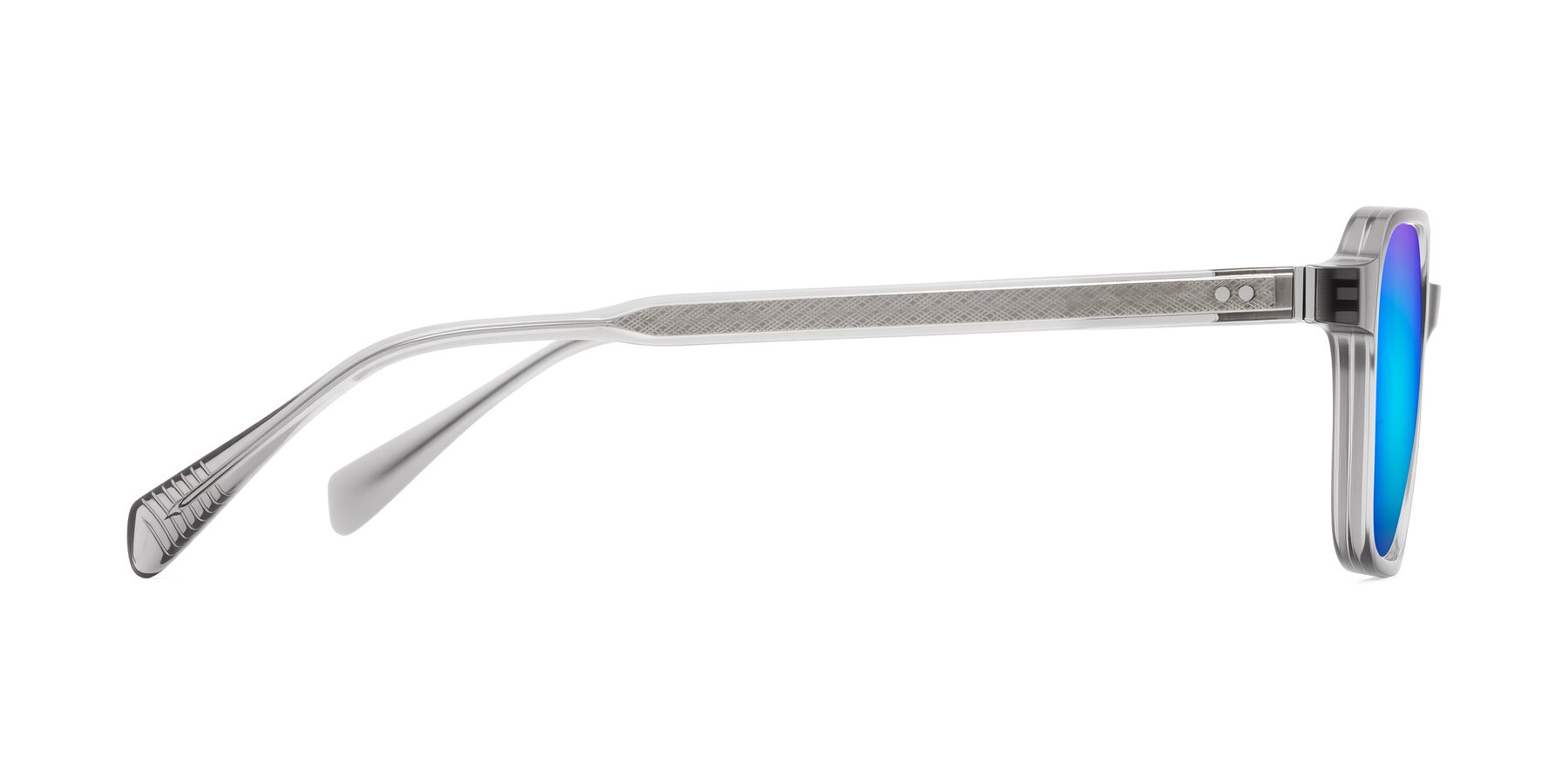 Side of Schwedts in Gray with Blue Mirrored Lenses