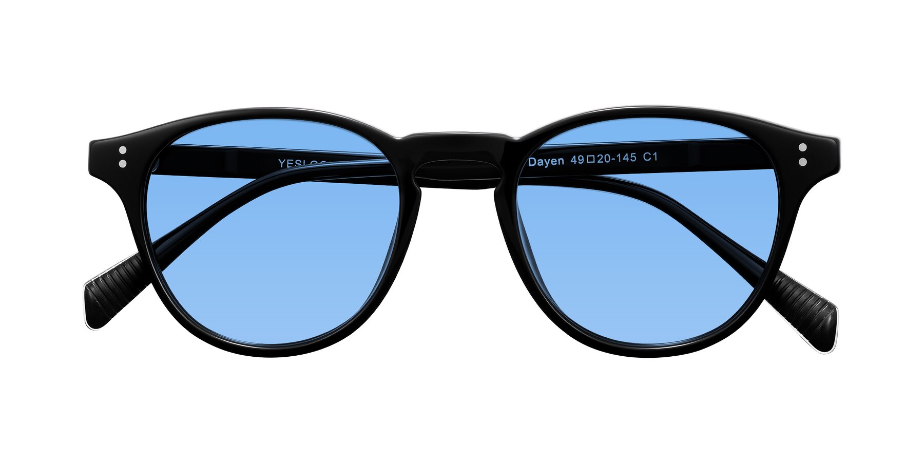 Folded Front of Dayen in Black with Medium Blue Tinted Lenses