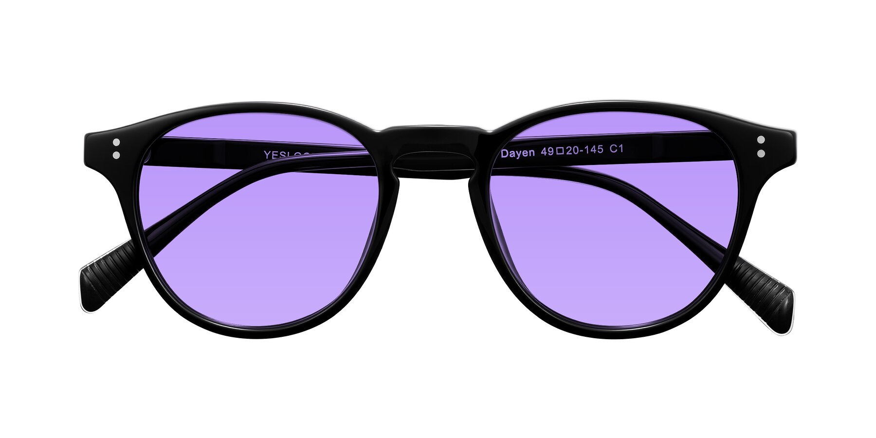 Folded Front of Dayen in Black with Medium Purple Tinted Lenses