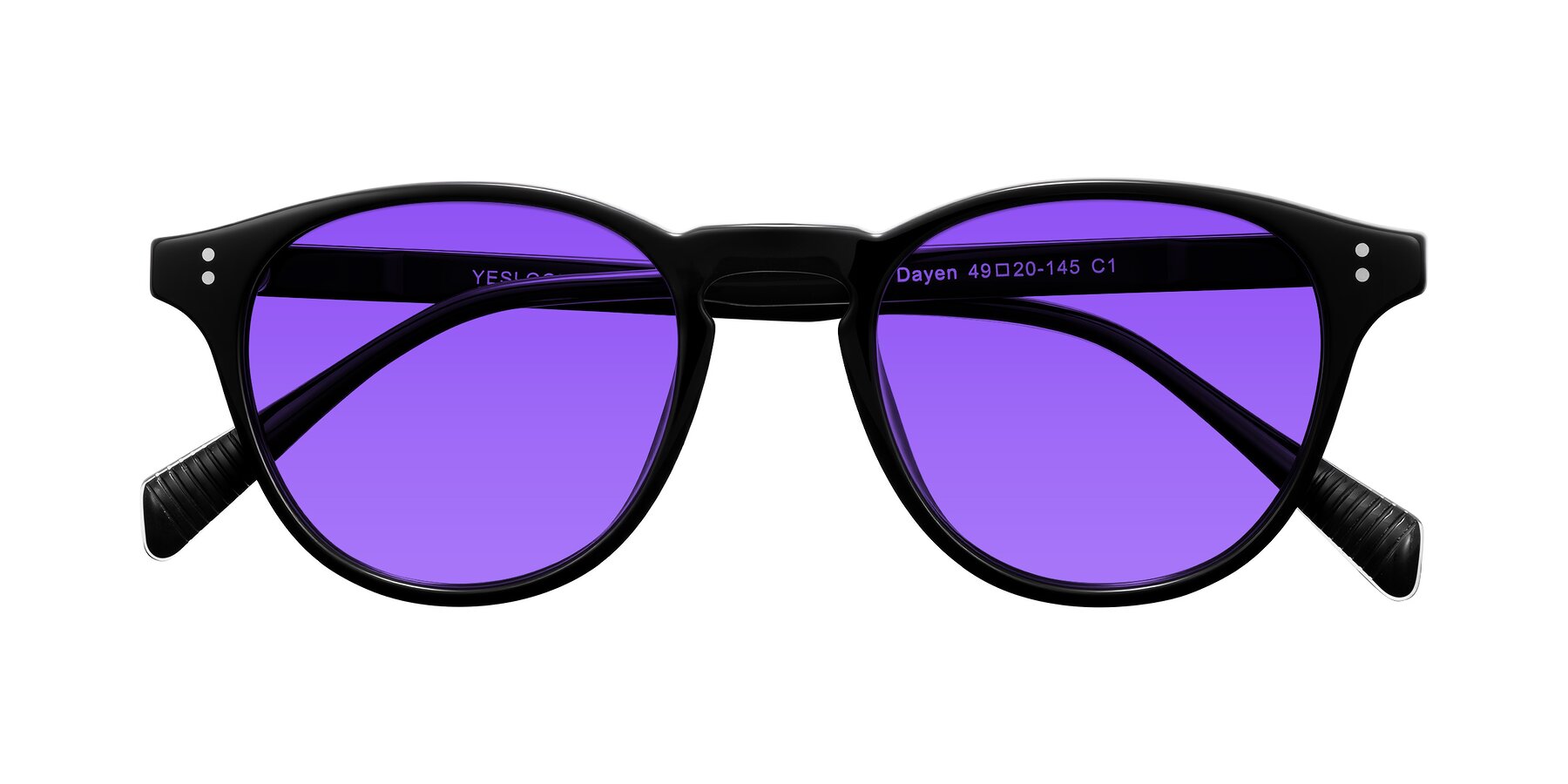 Folded Front of Dayen in Black with Purple Tinted Lenses