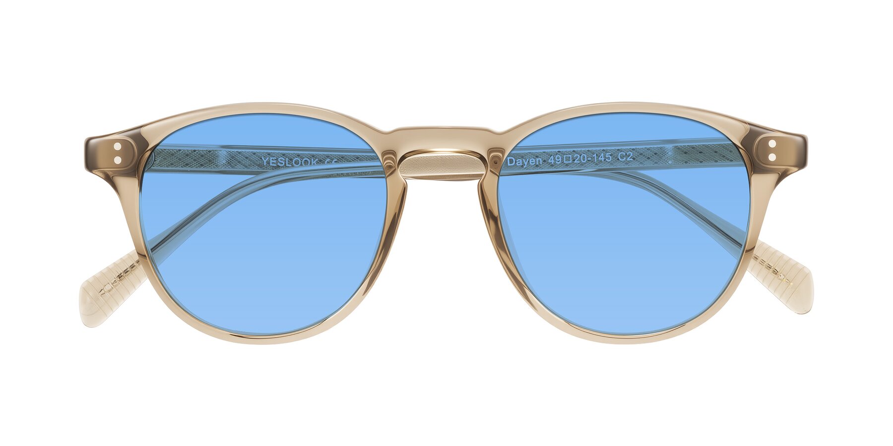 Folded Front of Dayen in Champagne with Medium Blue Tinted Lenses