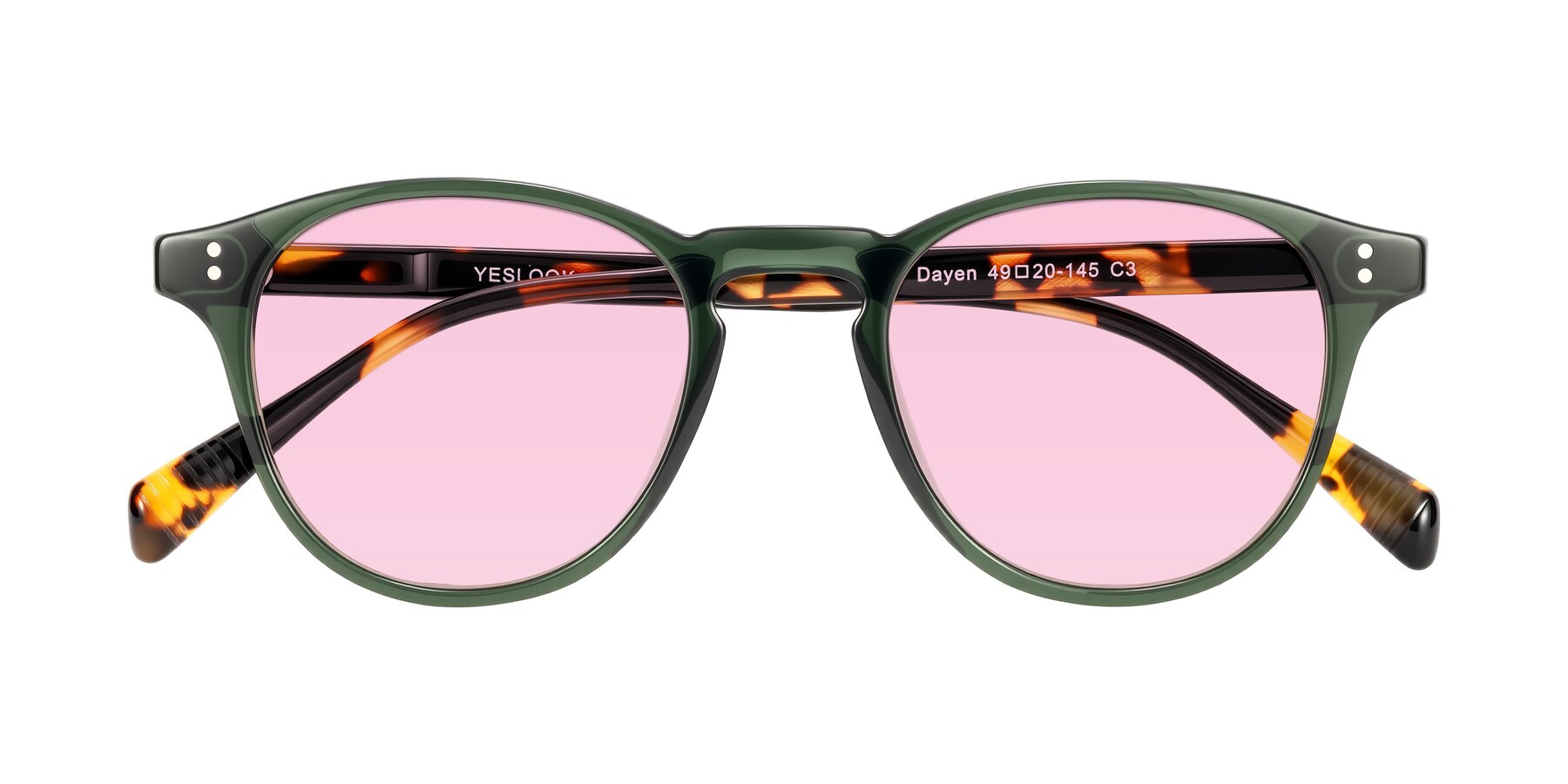 Folded Front of Dayen in Dark Green/Tortoise with Light Pink Tinted Lenses