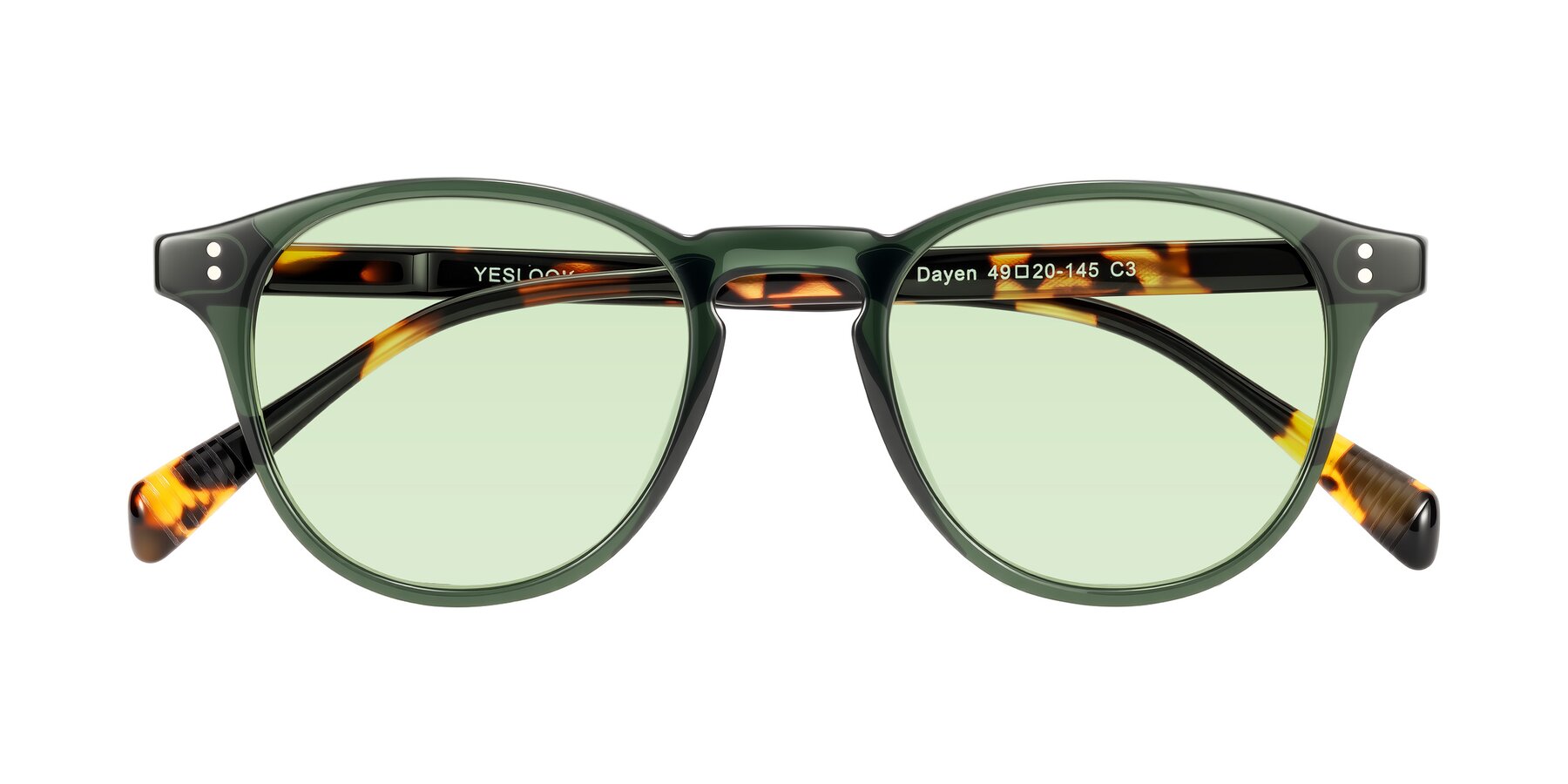 Folded Front of Dayen in Dark Green/Tortoise with Light Green Tinted Lenses