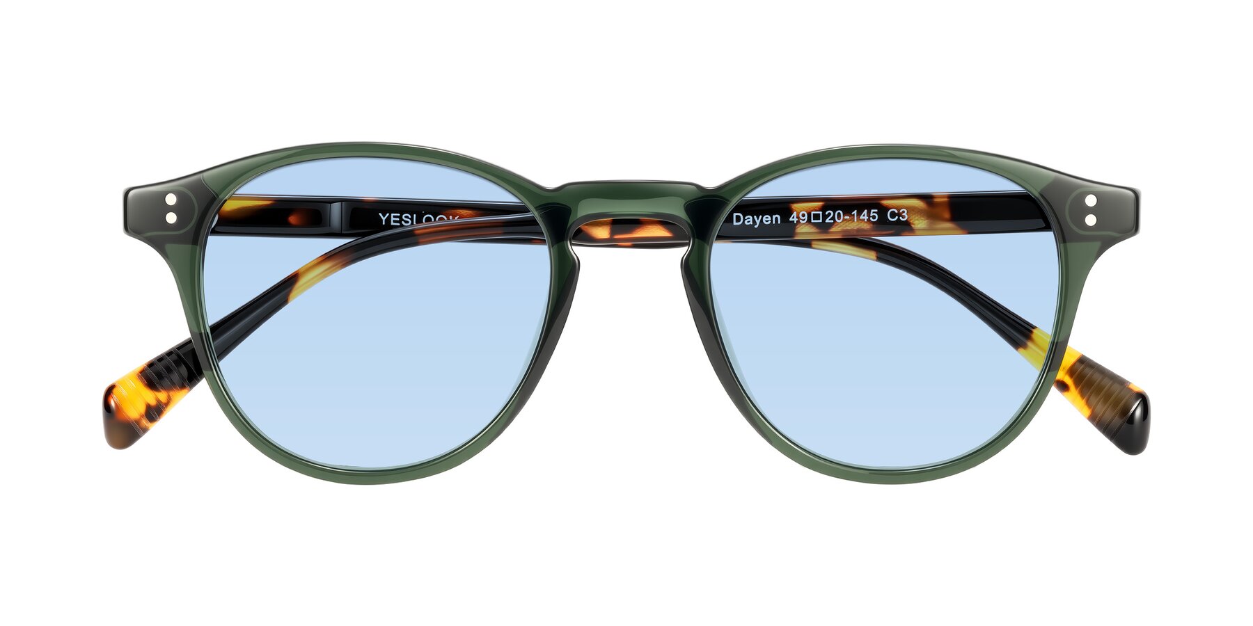 Folded Front of Dayen in Dark Green/Tortoise with Light Blue Tinted Lenses