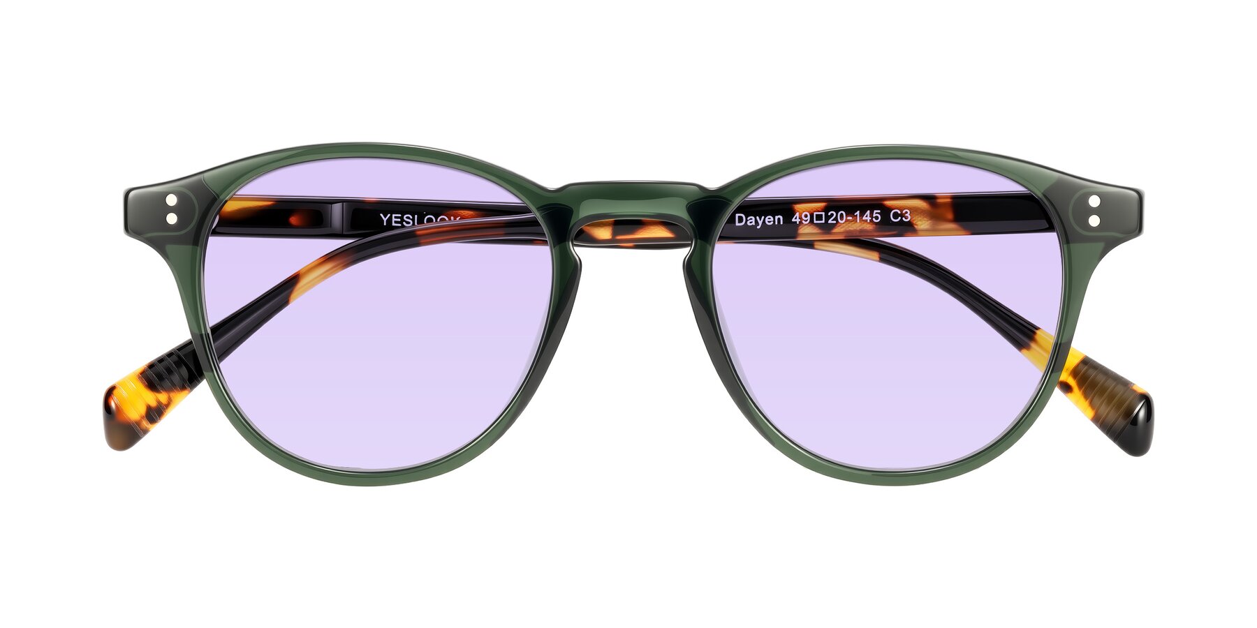 Folded Front of Dayen in Dark Green/Tortoise with Light Purple Tinted Lenses
