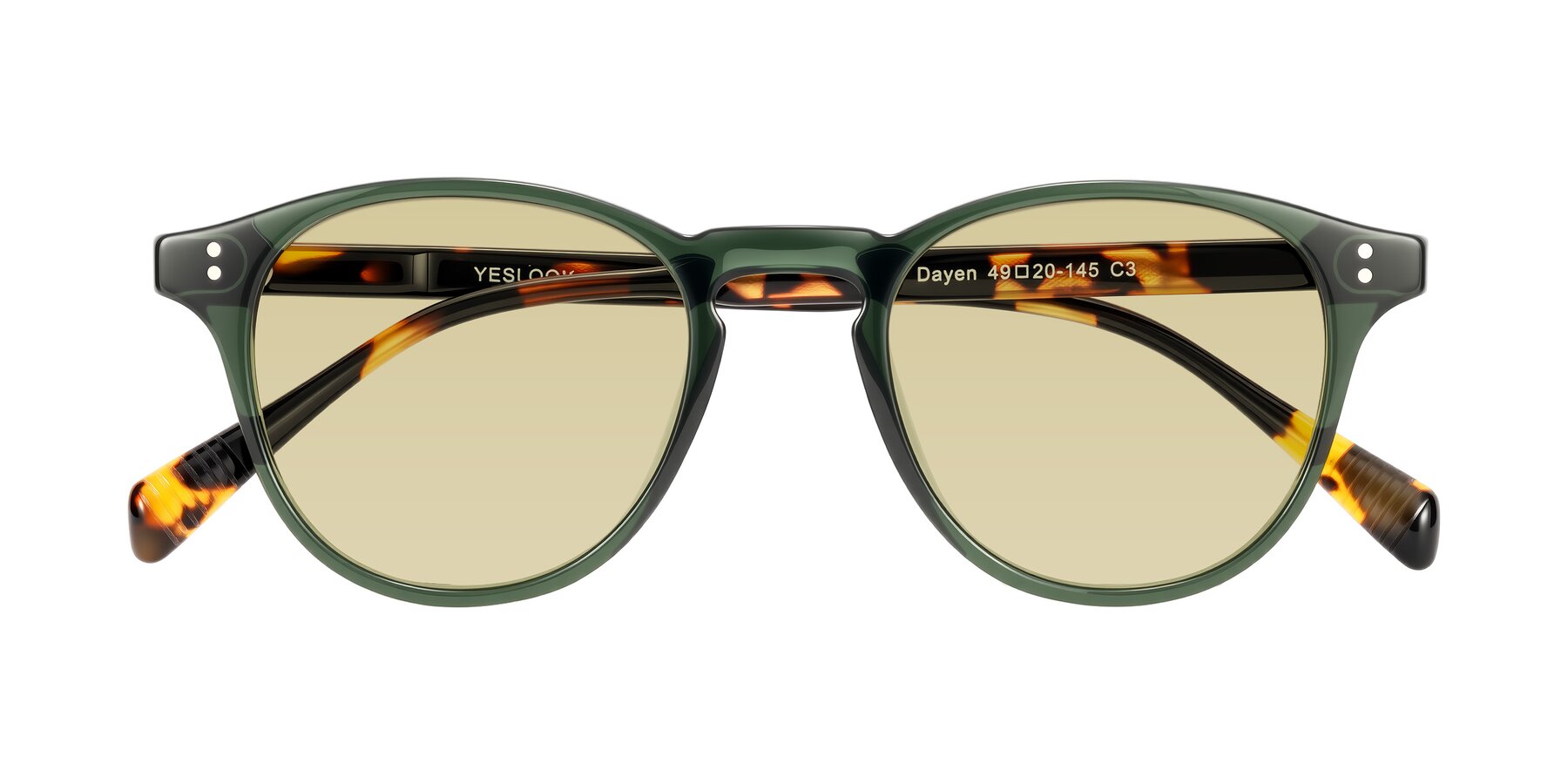 Folded Front of Dayen in Dark Green/Tortoise with Light Champagne Tinted Lenses