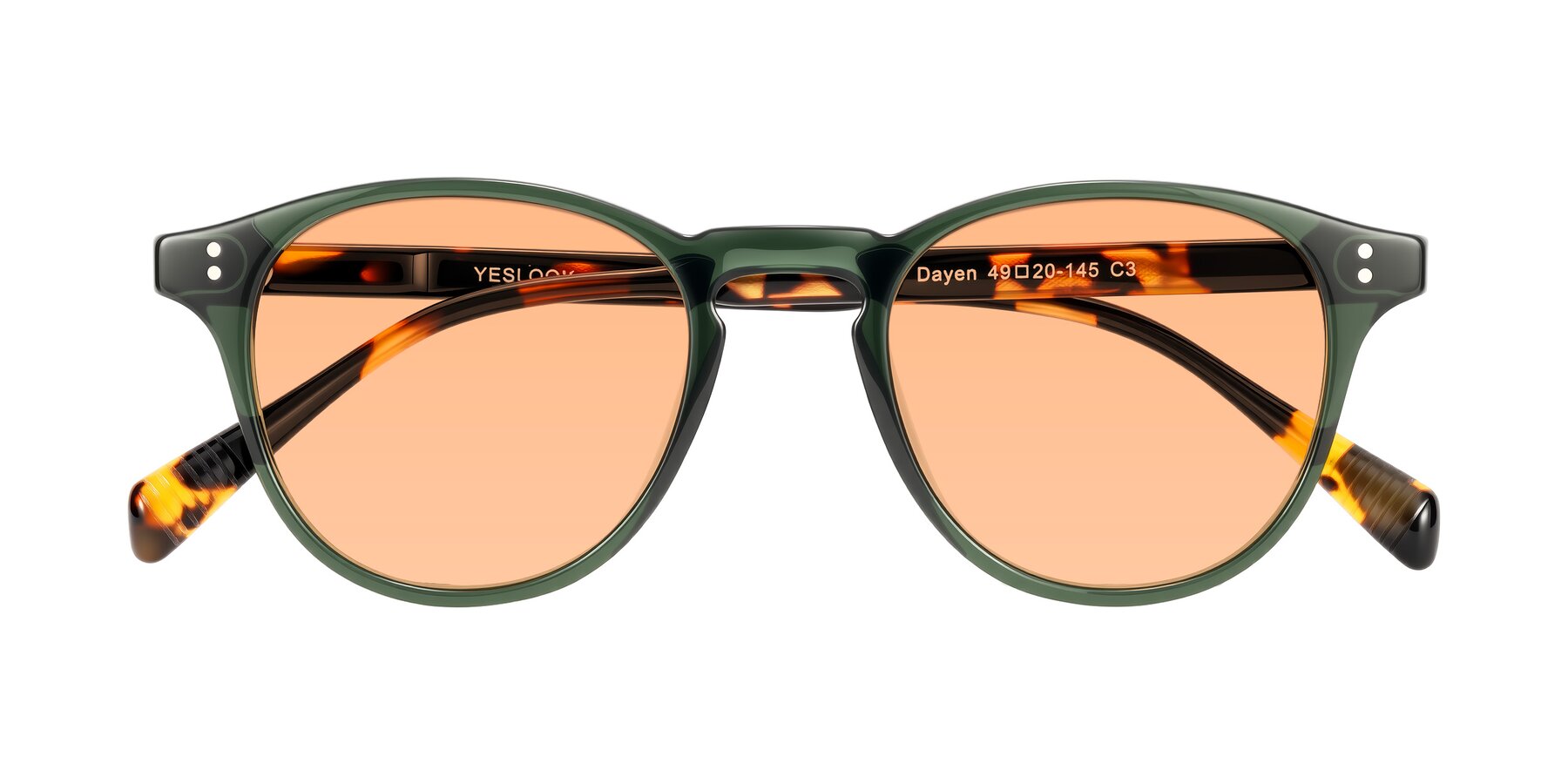 Folded Front of Dayen in Dark Green/Tortoise with Light Orange Tinted Lenses