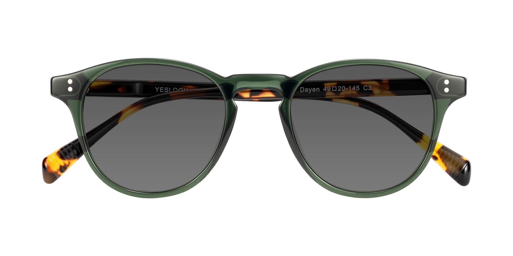 Folded Front of Dayen in Dark Green/Tortoise with Medium Gray Tinted Lenses