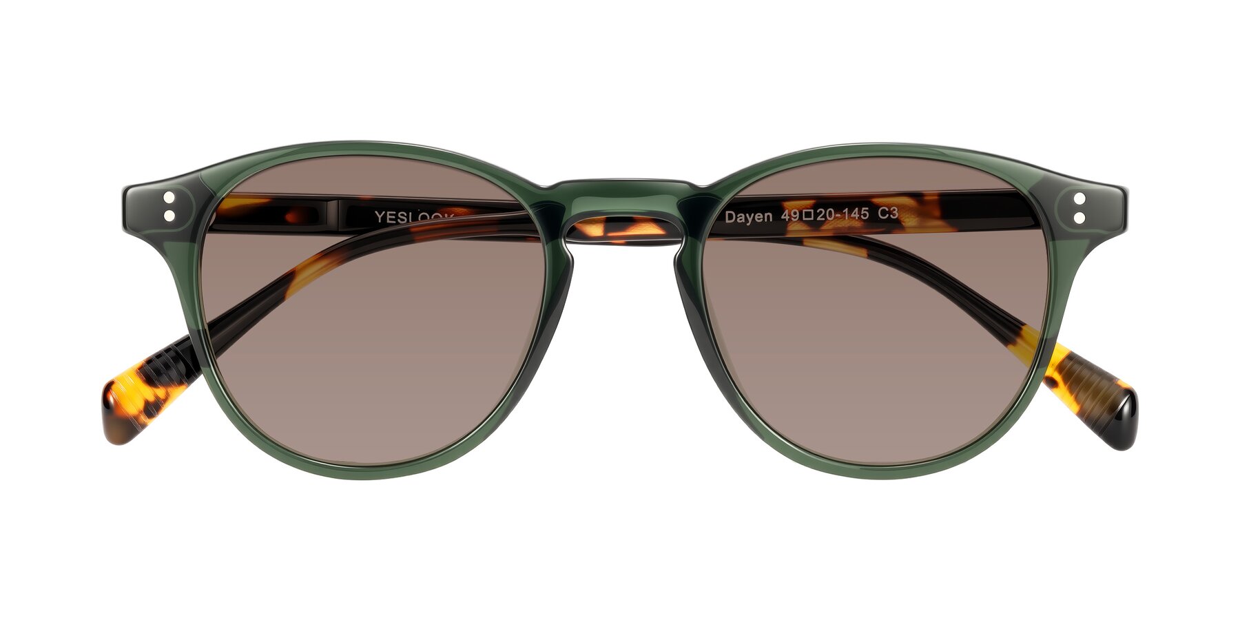Folded Front of Dayen in Dark Green/Tortoise with Medium Brown Tinted Lenses