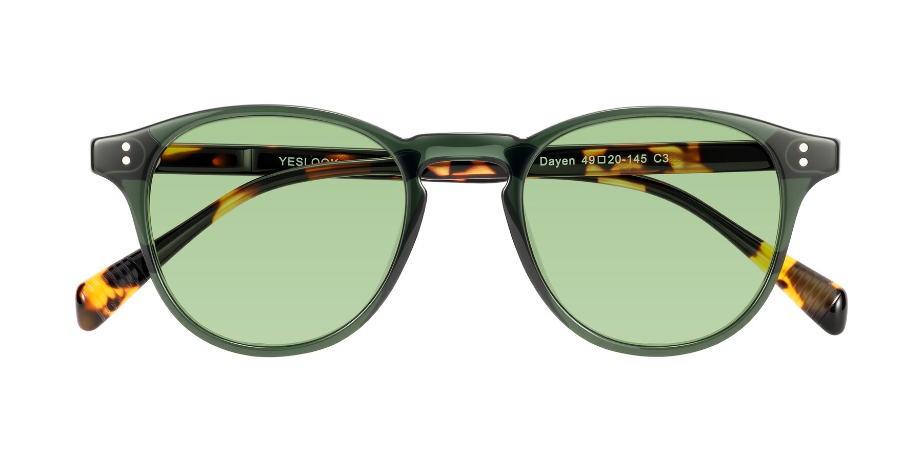 Folded Front of Dayen in Dark Green/Tortoise with Medium Green Tinted Lenses