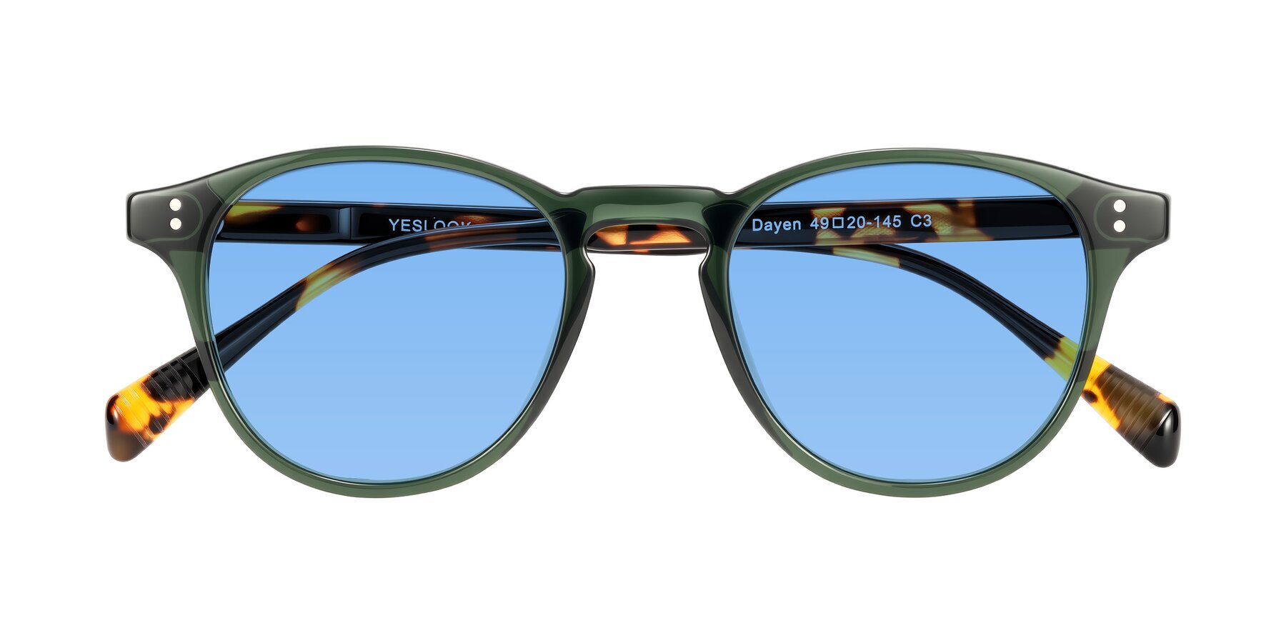 Folded Front of Dayen in Dark Green/Tortoise with Medium Blue Tinted Lenses