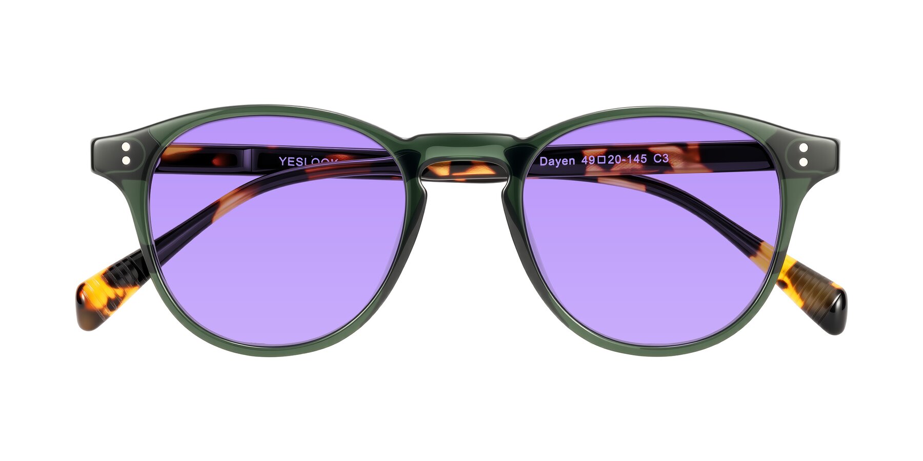 Folded Front of Dayen in Dark Green/Tortoise with Medium Purple Tinted Lenses