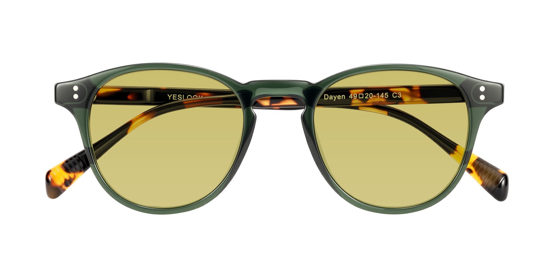 Folded Front of Dayen in Dark Green/Tortoise with Medium Champagne Tinted Lenses