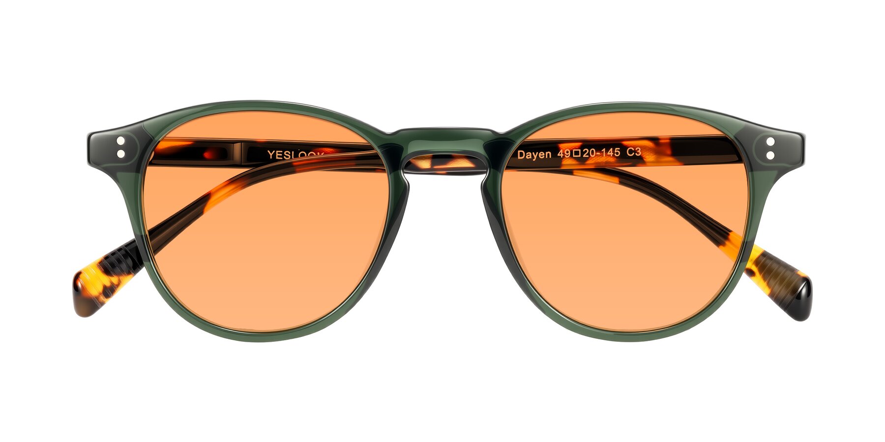 Folded Front of Dayen in Dark Green/Tortoise with Medium Orange Tinted Lenses