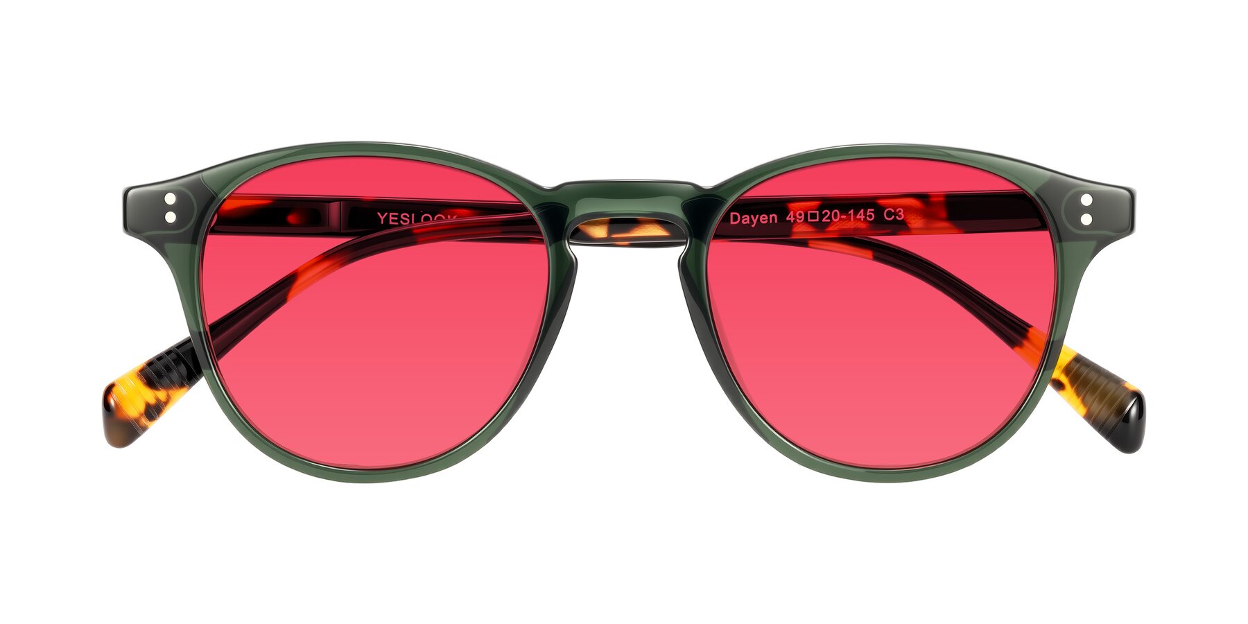 Folded Front of Dayen in Dark Green/Tortoise with Red Tinted Lenses