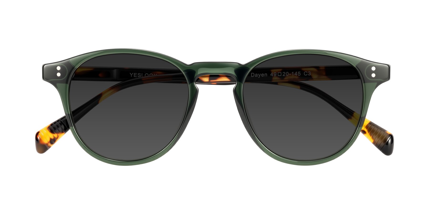 Folded Front of Dayen in Dark Green/Tortoise with Gray Tinted Lenses