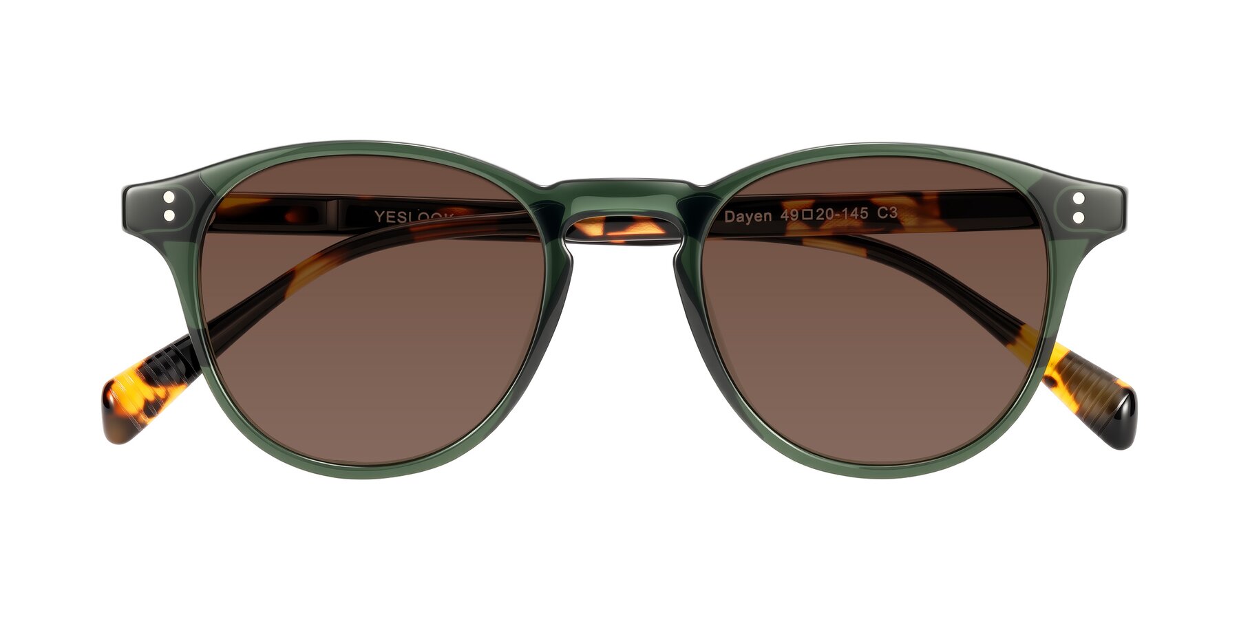 Folded Front of Dayen in Dark Green/Tortoise with Brown Tinted Lenses