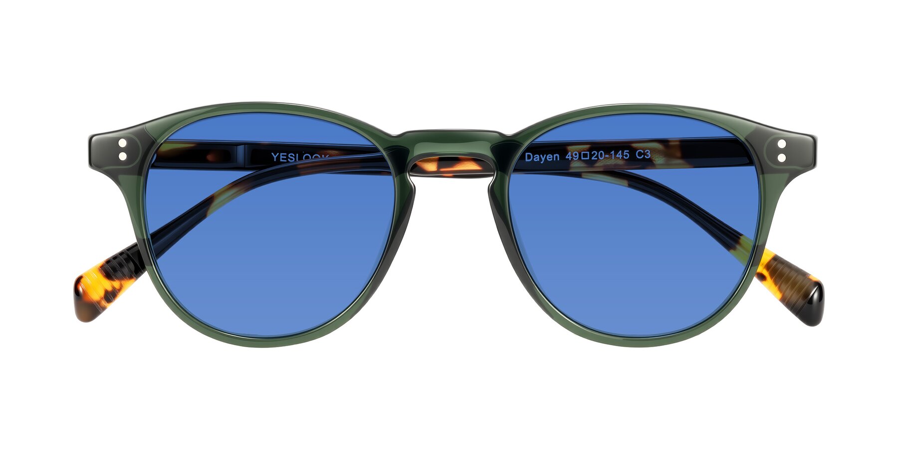 Folded Front of Dayen in Dark Green/Tortoise with Blue Tinted Lenses