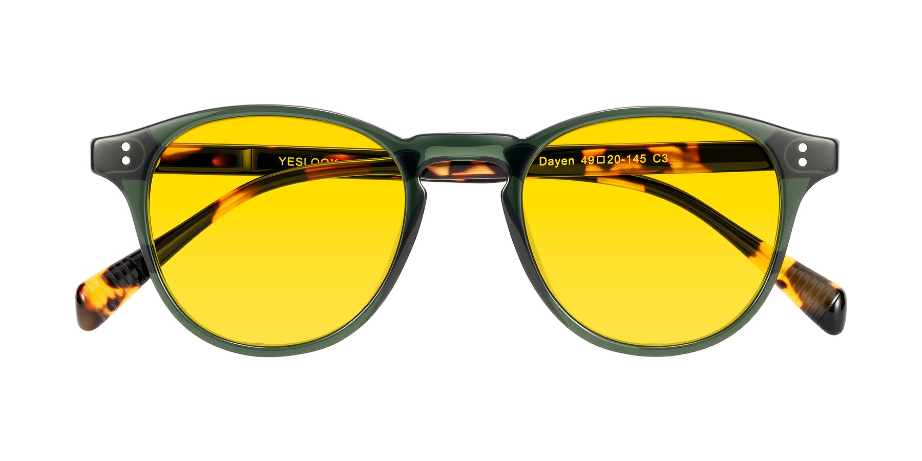 Folded Front of Dayen in Dark Green/Tortoise with Yellow Tinted Lenses