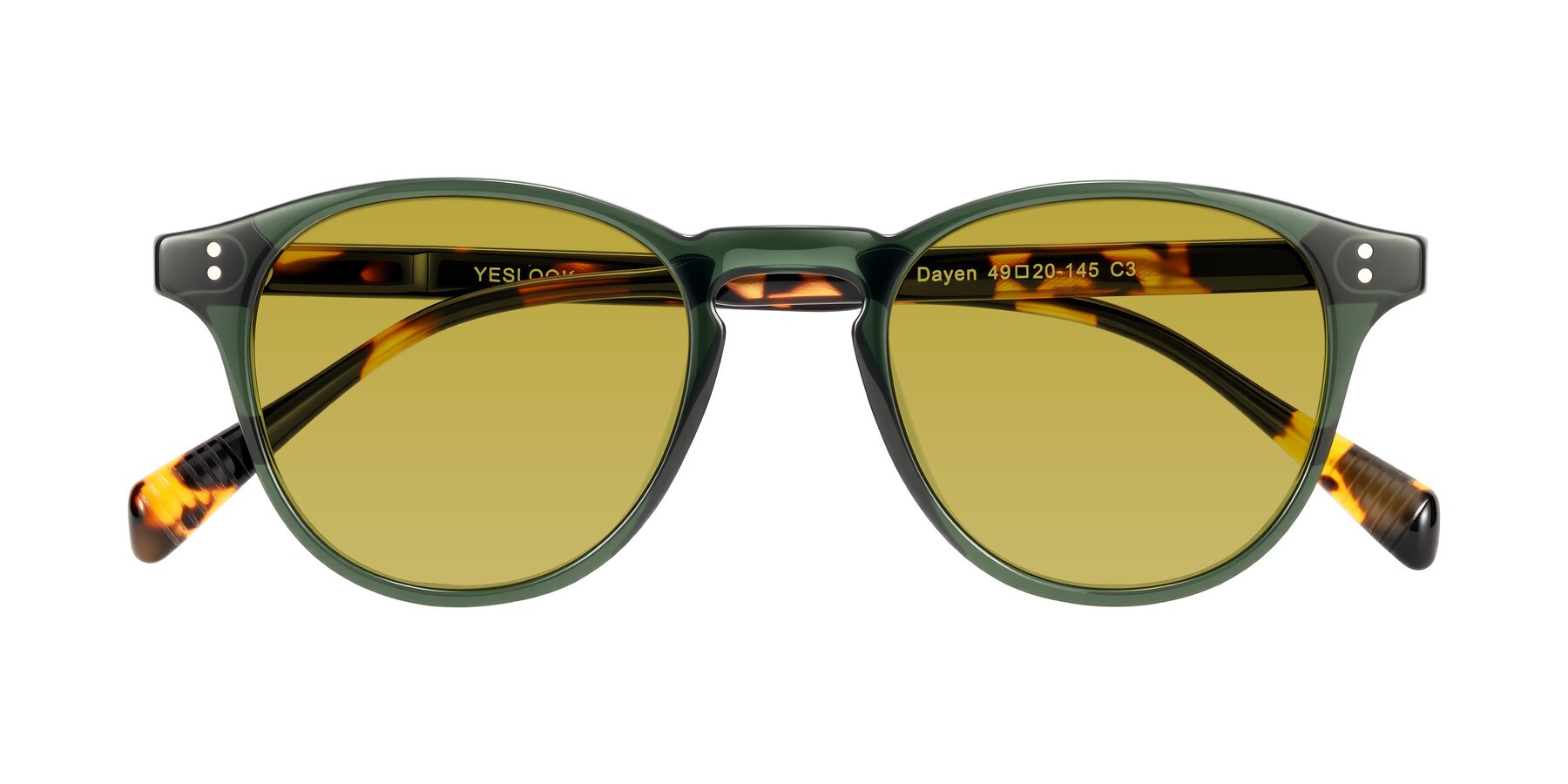 Folded Front of Dayen in Dark Green/Tortoise with Champagne Tinted Lenses