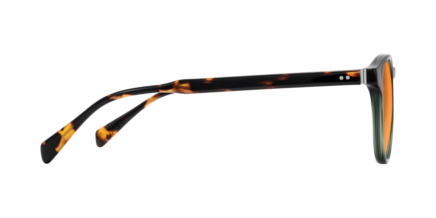 Side of Dayen in Dark Green/Tortoise with Orange Tinted Lenses