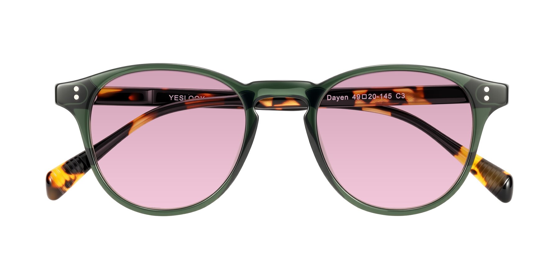 Folded Front of Dayen in Dark Green/Tortoise with Light Wine Tinted Lenses