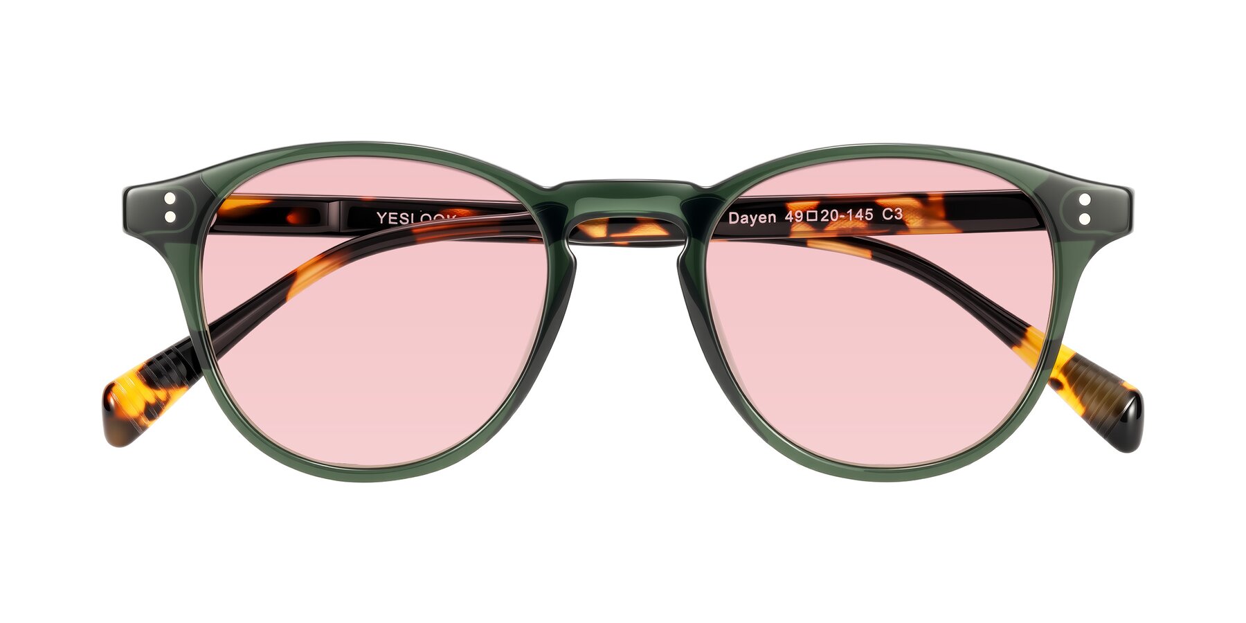 Folded Front of Dayen in Dark Green/Tortoise with Light Garnet Tinted Lenses
