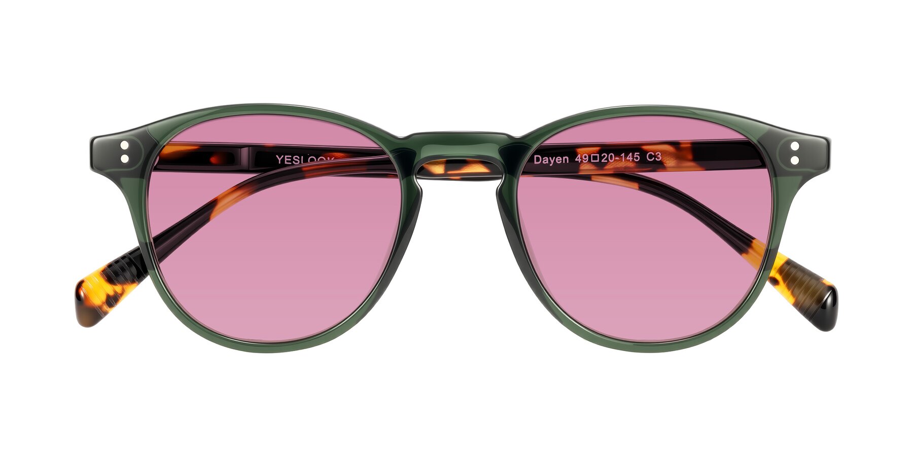 Folded Front of Dayen in Dark Green/Tortoise with Medium Wine Tinted Lenses