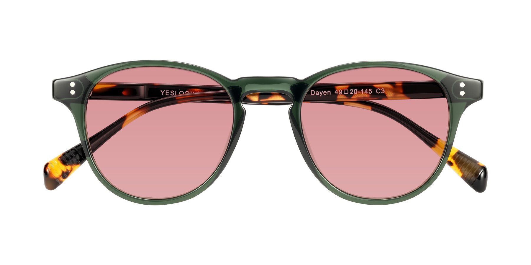 Folded Front of Dayen in Dark Green/Tortoise with Medium Garnet Tinted Lenses