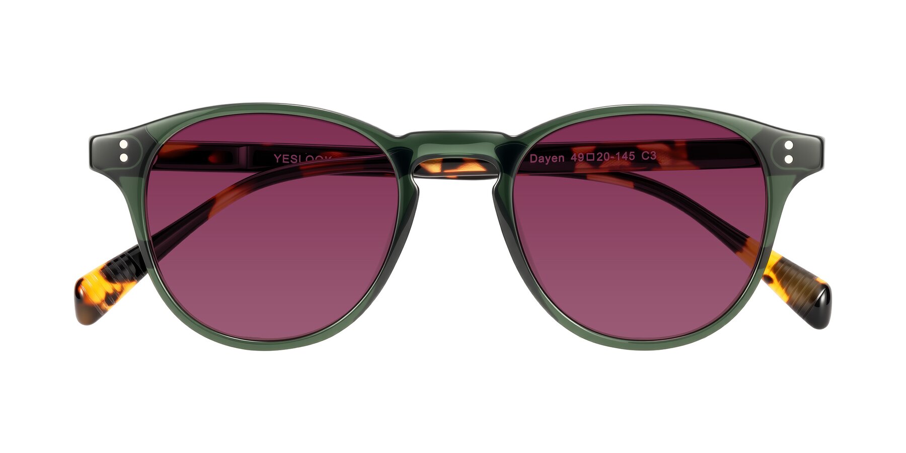 Folded Front of Dayen in Dark Green/Tortoise with Wine Tinted Lenses